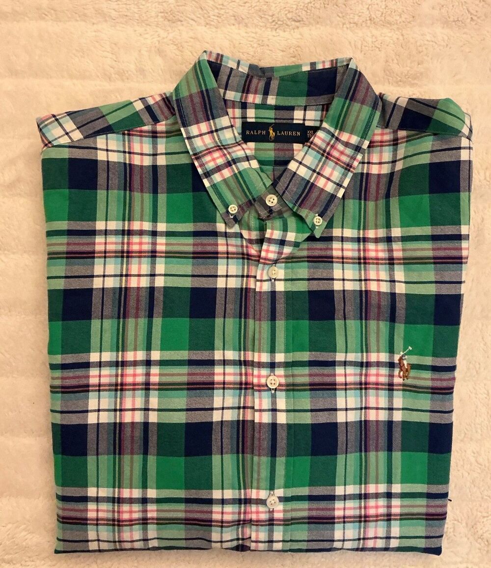 Polo Ralph Lauren XXL Shirt NWOT Green Blue Plaid Classic Fit Long Sleeve Pony
